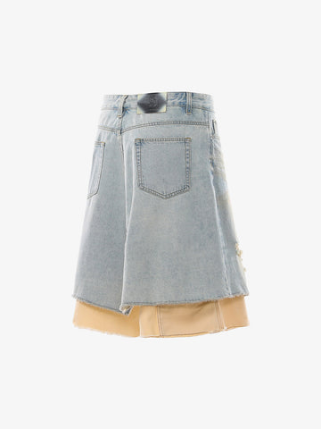 Faux Two-Piece Ripped Denim Shorts