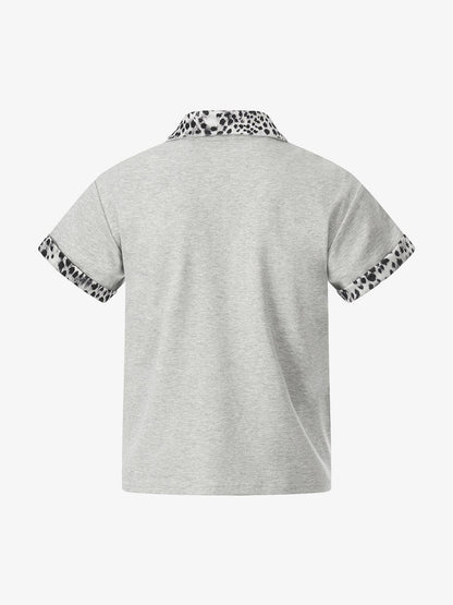 Leopard Trim Half Zip Polo T-Shirt