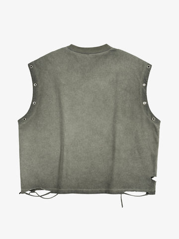 Washed Sleeveless Vest – Oversized Grommet Detail Drawstring Hem Streetwear