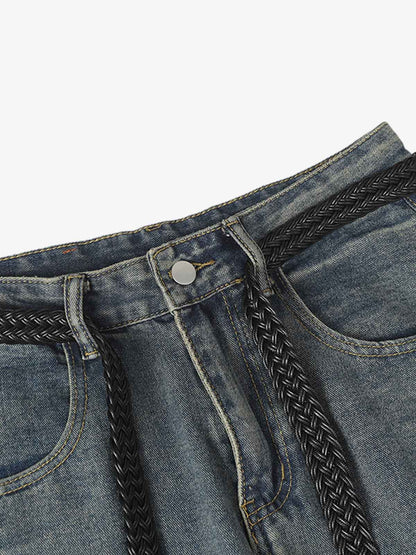 Braided Drawstring Waist Patchwork Cargo Jeans 