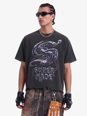 Gothic Liquid Metal Ripped Washed T-Shirt