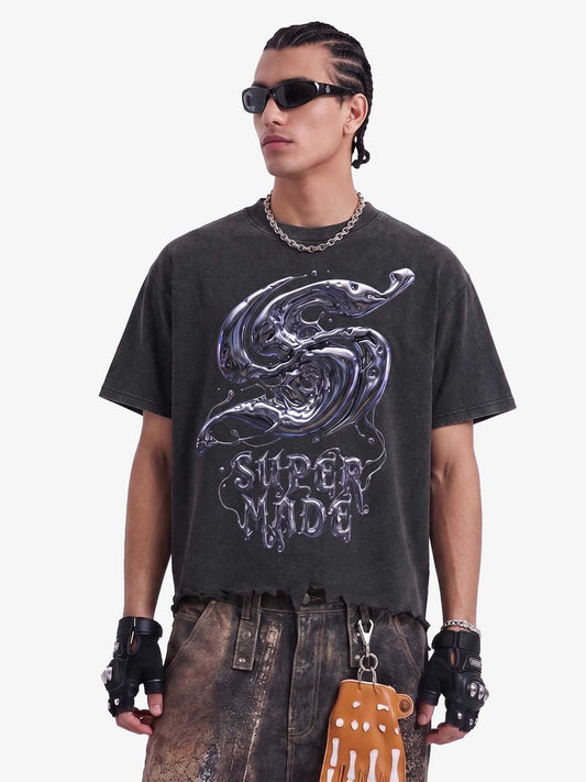 Gothic Liquid Metal Ripped Washed T-Shirt