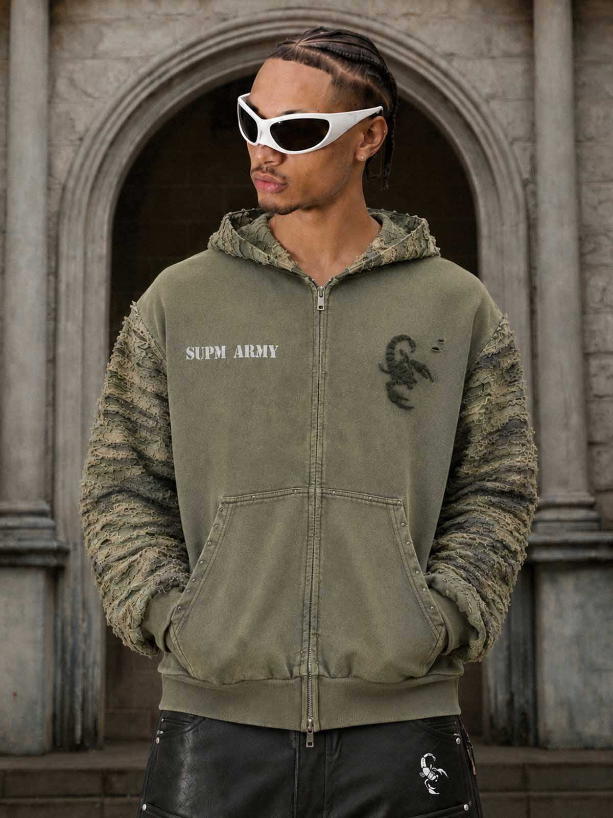 Camo Boro Paneled Distressed Zip Hoodie