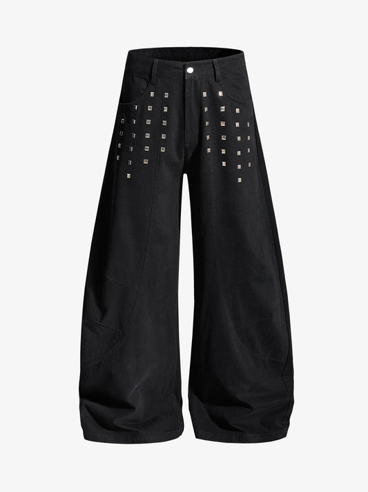 Heavy-Duty Studded Curved Wide-Leg Pants
