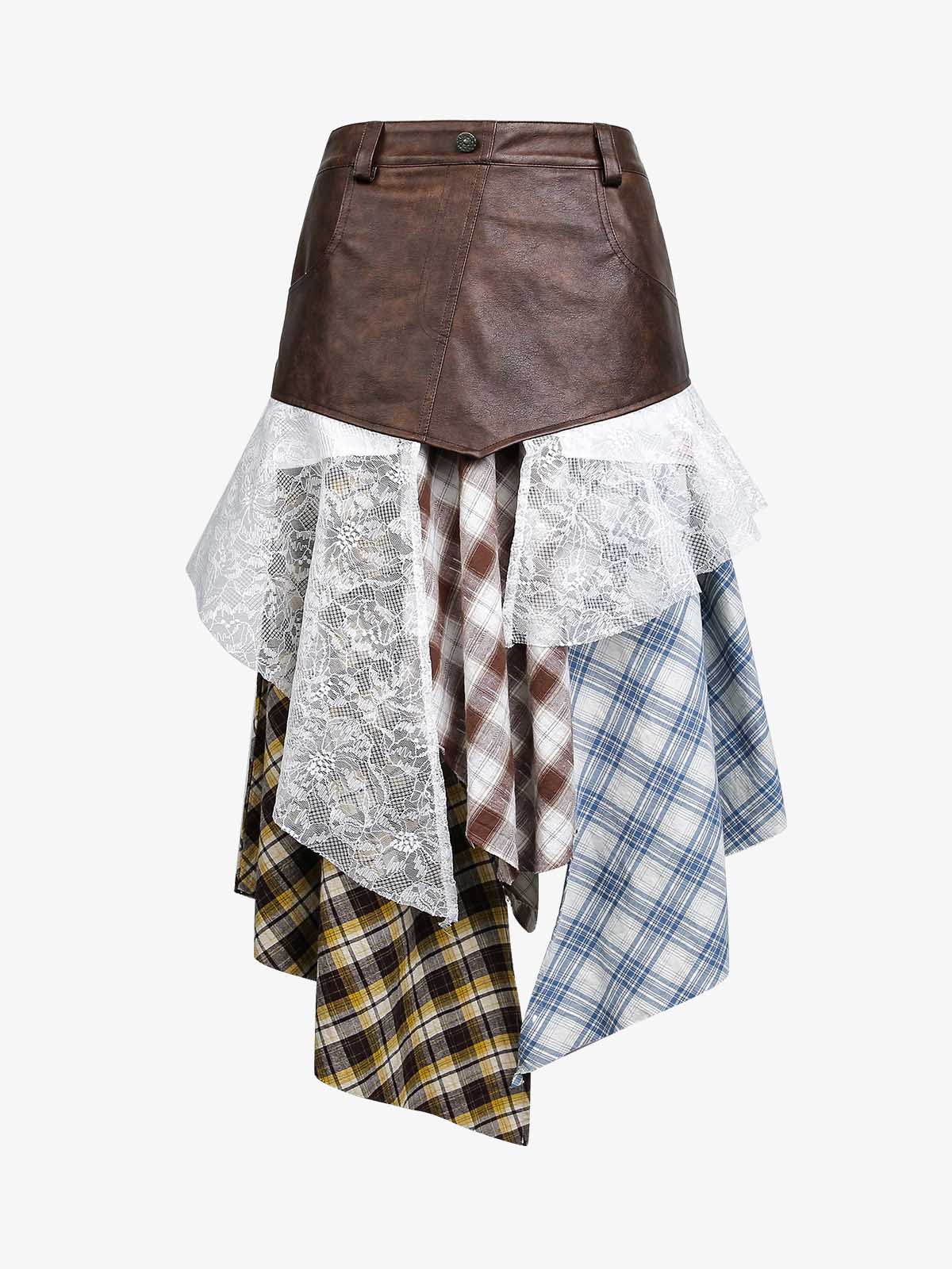 Thesupermade Faux Leather Irregular Lace Plaid Patchwork Skirt
