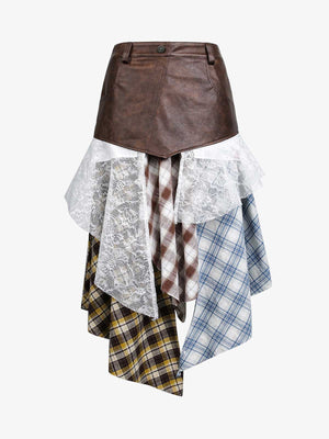 Thesupermade Faux Leather Irregular Lace Plaid Patchwork Skirt