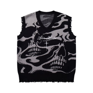 High Street Dark Skull Frayed-edge V-neck Sweater Vest 