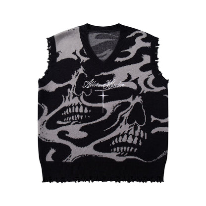 High Street Dark Skull Frayed-edge V-neck Sweater Vest 