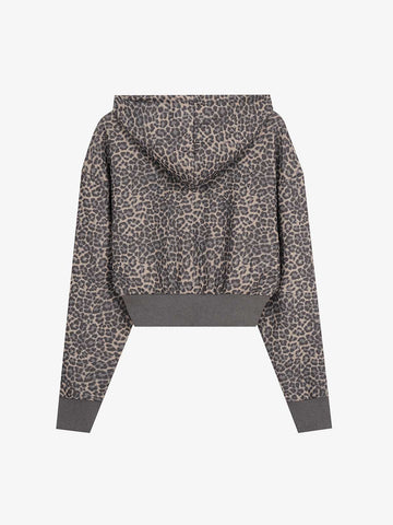 Leopard Print Stud Detail Cropped Zip-Up Hoodie