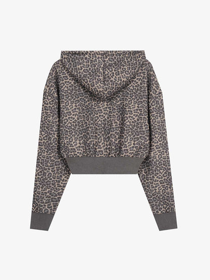 Leopard Print Stud Detail Cropped Zip-Up Hoodie