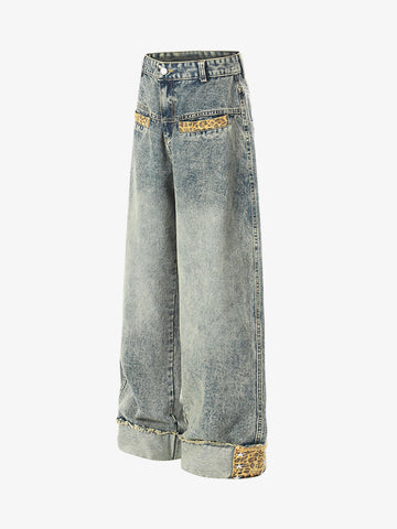Leopard Print Trim Washed Jeans 