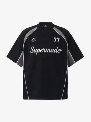 Cotton Blend Oversized Sport T-Shirt with Contrast Panels and Logo Print 