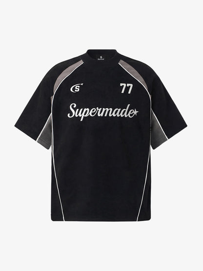 Cotton Blend Oversized Sport T-Shirt with Contrast Panels and Logo Print 