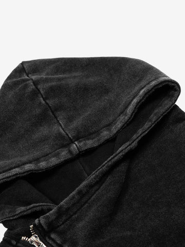 Distressed Washed Asymmetrical Placket Zip-Up Hoodie