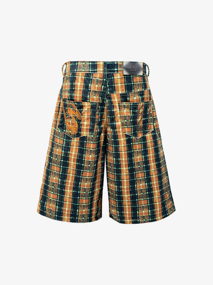 Plaid Relaxed Fit Jeans – Vintage Washed Tartan Denim Trousers