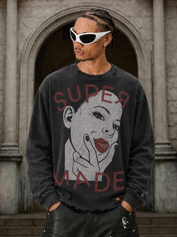 Tongue Graphic Distressed Waffle Long Sleeve Tee