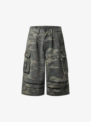 Camo Cargo Shorts with Paint Splatter – Relaxed Fit Utility Streetwear