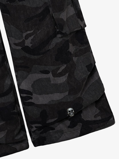 Dark Camo Cargo Pants with Skull Rivet Detail