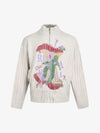 Retro Abstract Print Ribbed Stand Collar Zip-Up Sweater 