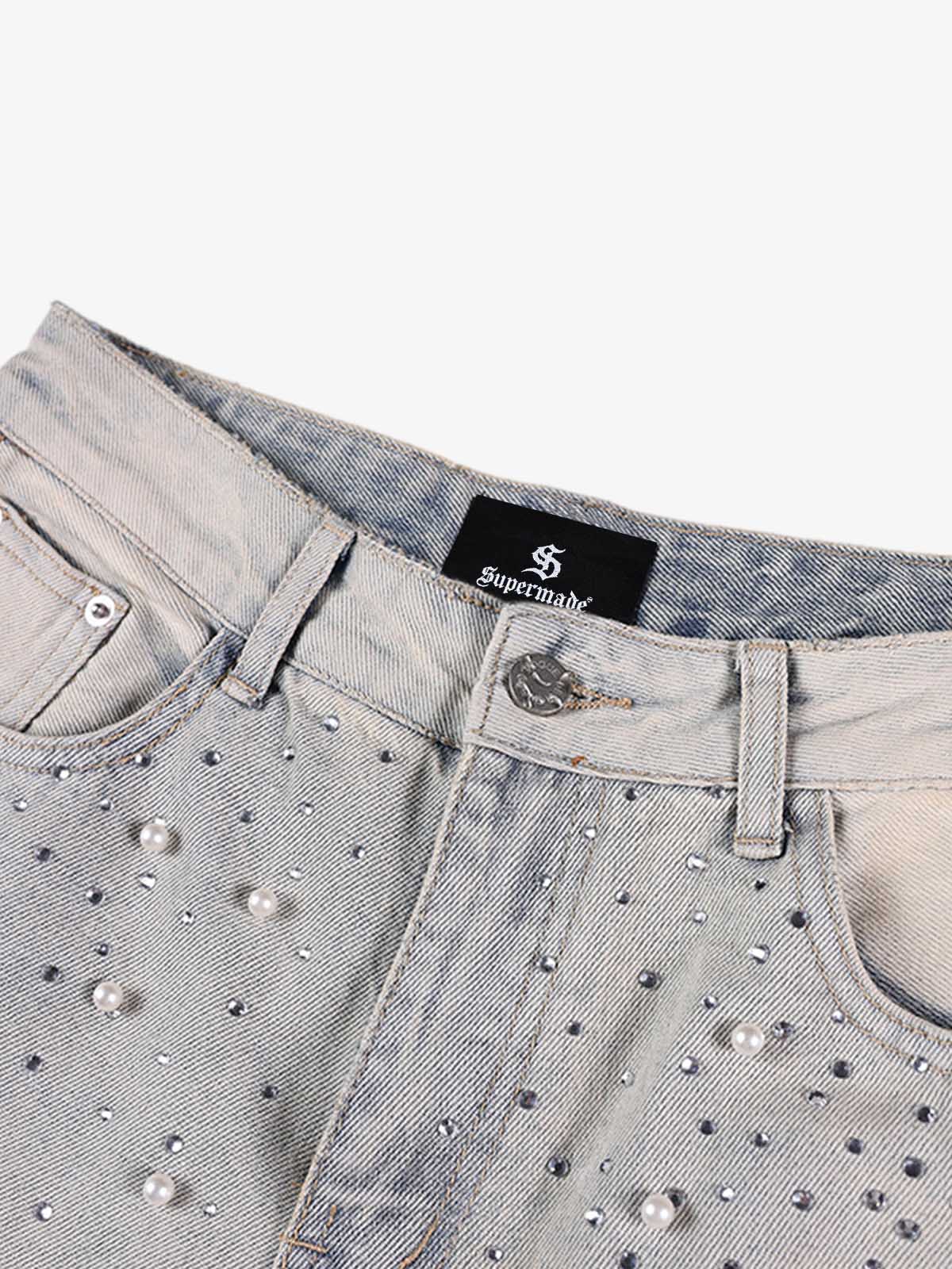 Pearl Embellished Light Wash Denim Shorts