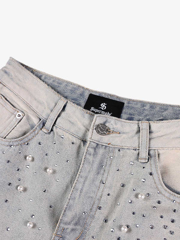 Pearl Embellished Light Wash Denim Shorts