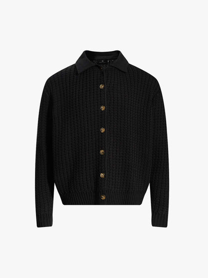 Retro Cable Knit Button-Up Collared Cardigan Sweater 