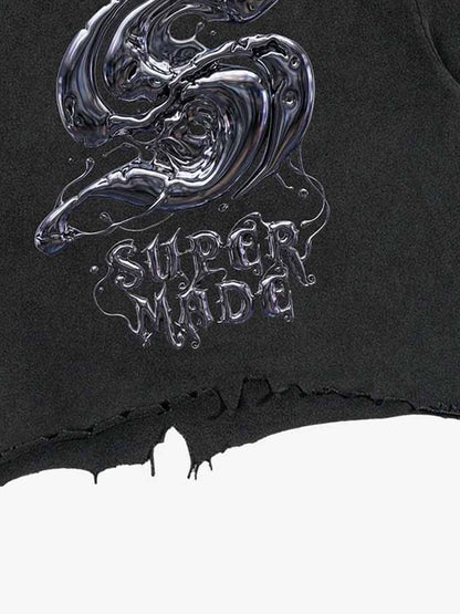 Gothic Liquid Metal Ripped Washed T-Shirt