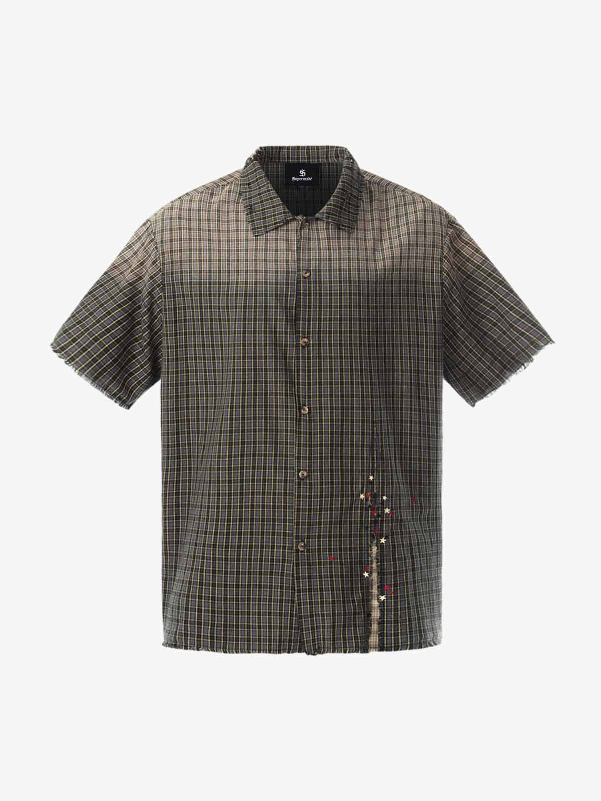 Gradient Plaid Frayed Short Shirt
