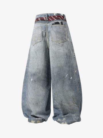 Tie Graphic Print Vintage Wash Wide Leg Denim Jeans 