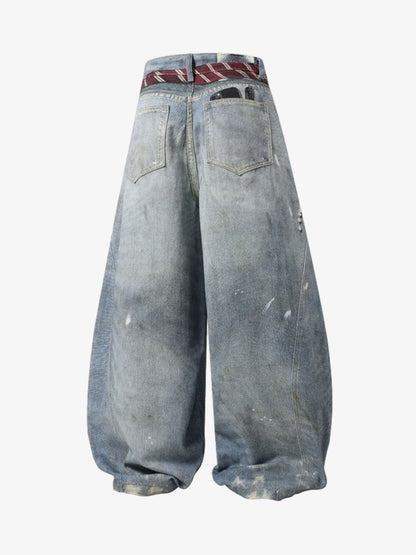 Tie Graphic Print Vintage Wash Wide Leg Denim Jeans 