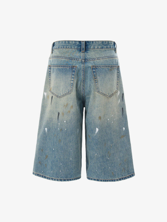 Washed Distressed Ink-Splashed Denim Shorts 