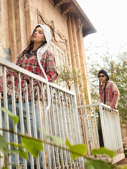 Paint Splatter Plaid Frayed Hem Button Up Shirt 