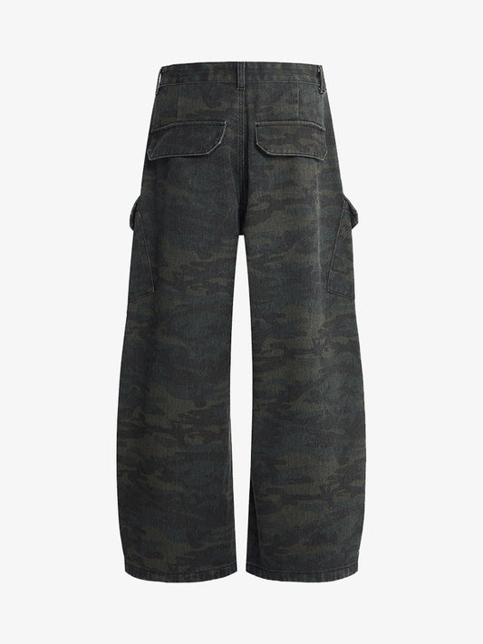 Retro Camo Multi-Pocket Cargo Barrel Pants 