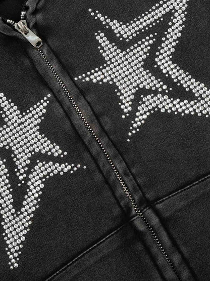Vintage Washed Symmetrical Star Rhinestone Zip-Up Hoodie 