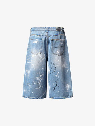 Light Wash Distressed Denim Shorts – Graffiti Print Wide-Leg Streetwear