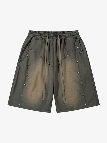 Industrial Grunge Style Acid Wash Studded Shorts