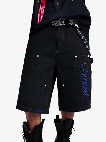 Black Utility Denim Shorts with Blue Embroidery
