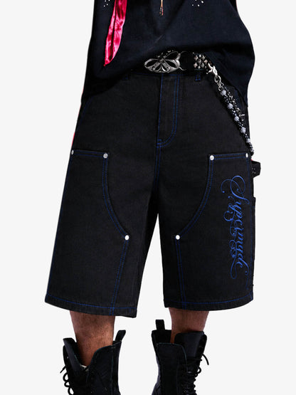 Black Utility Denim Shorts with Blue Embroidery