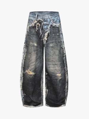 Distressed Patchwork Wide Leg Washed Denim Jeans 