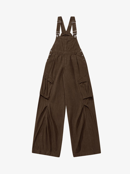 Pleated Knee Cargo Denim Overalls 