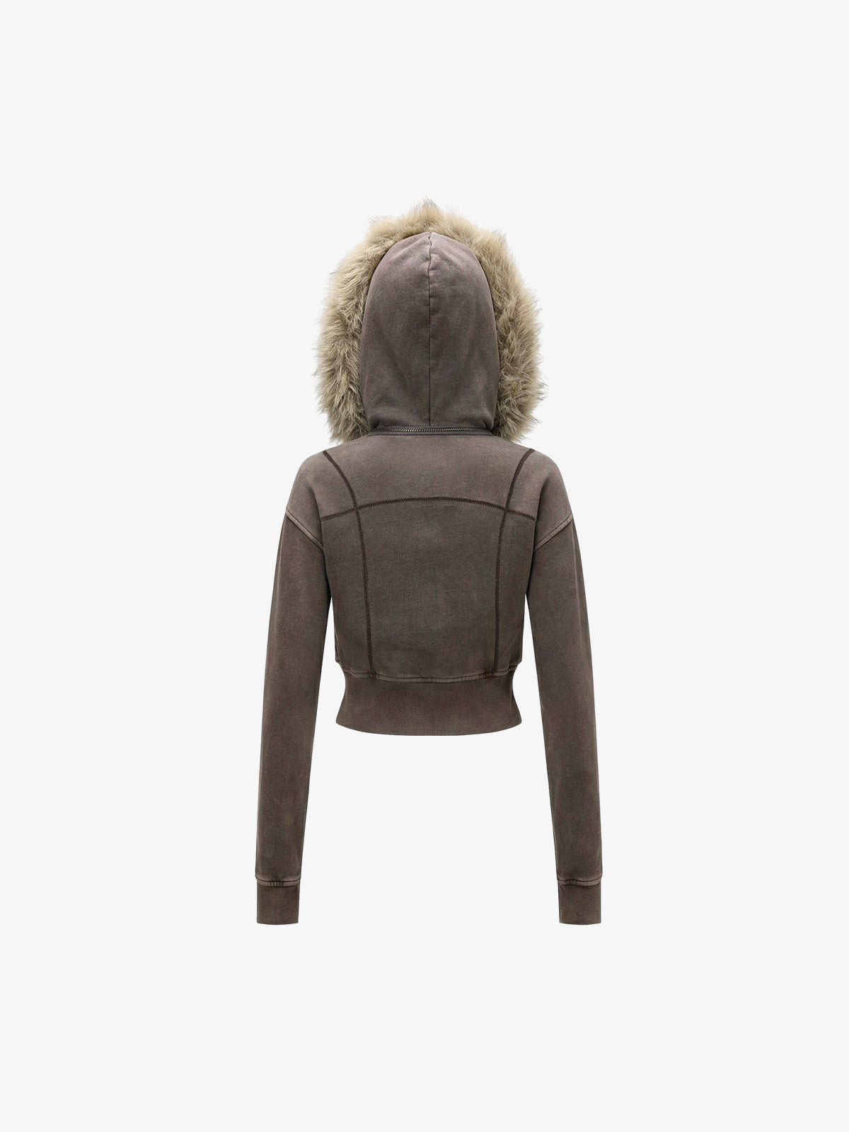 Distressed Faux Fur Slim Zip-Up Hoodie