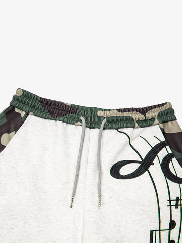 Music Note Graphic Camo Patchwork Baggy Sweatpants