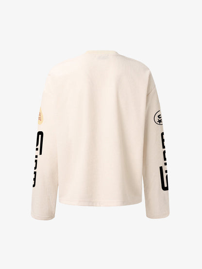 Textured Waffle SUPM Letter Graphic Long Sleeve T-Shirt - 2600 