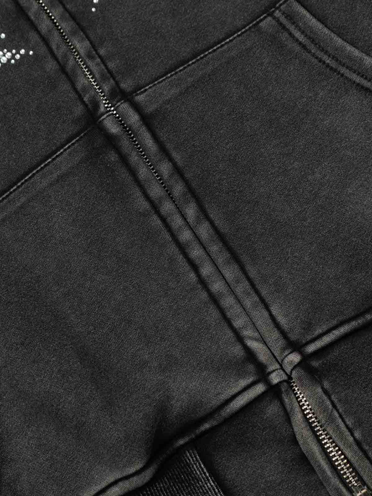 Vintage Washed Symmetrical Star Rhinestone Zip-Up Hoodie 