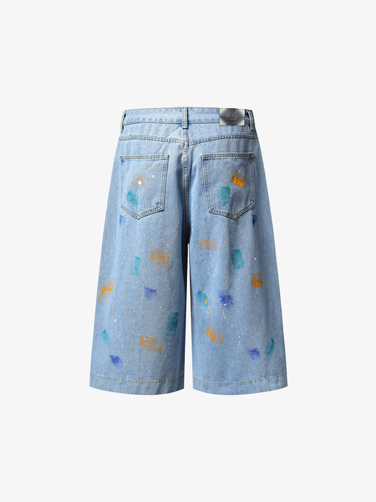 Paint Splatter Denim Wide-Leg Shorts