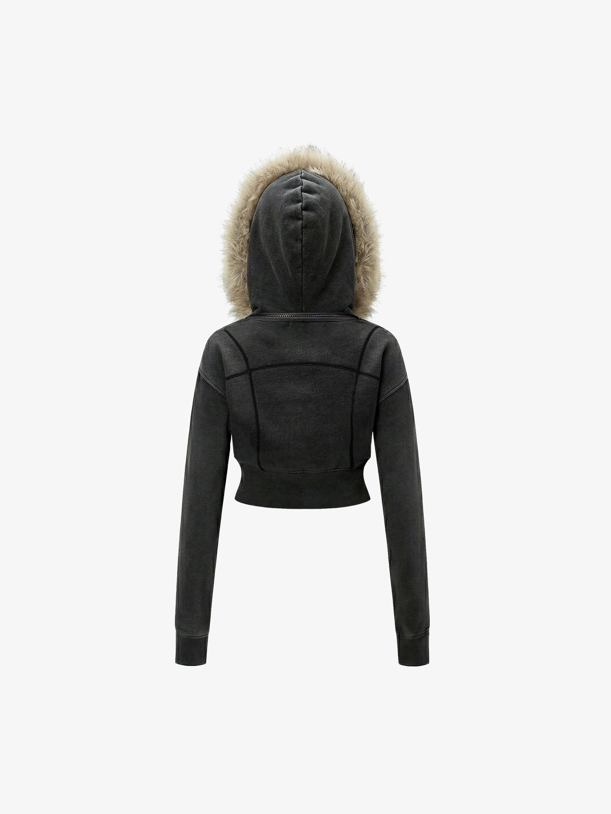 Distressed Faux Fur Slim Zip-Up Hoodie