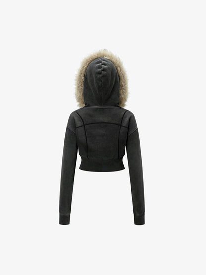 Distressed Faux Fur Slim Zip-Up Hoodie