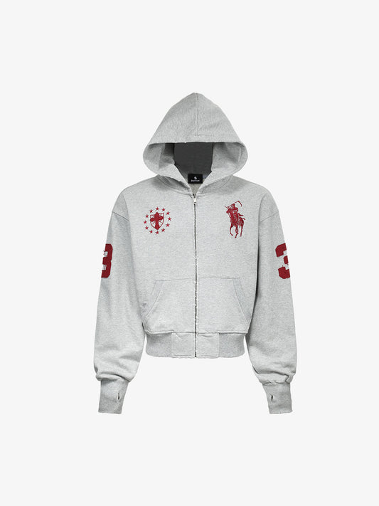 Streetwear Knight Horse Embroidered Cropped Zip-Up Hoodie