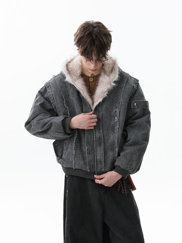 Retro Washed Fleece-lined Hooded Work Jacket 