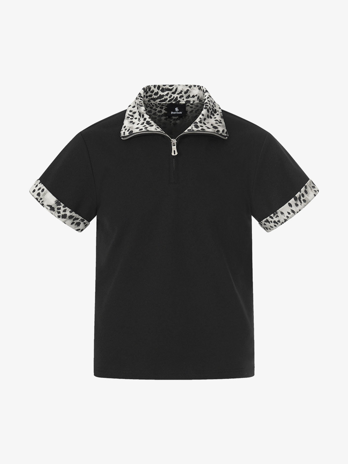Leopard Trim Half Zip Polo T-Shirt
